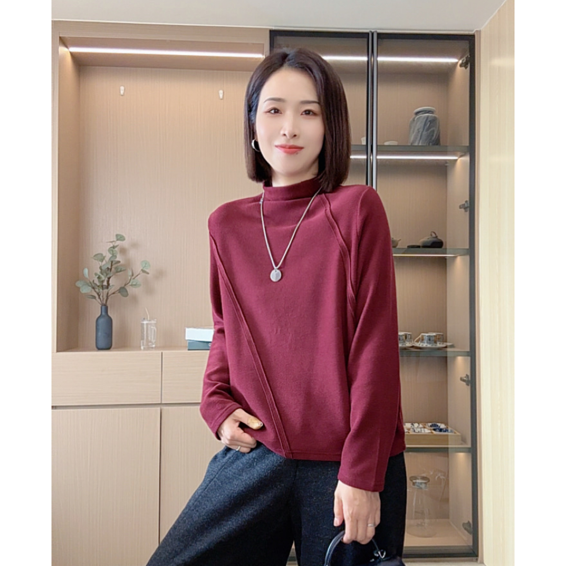 【希辰】简约时尚秋冬小立领双面德绒磨毛打底衫1519              