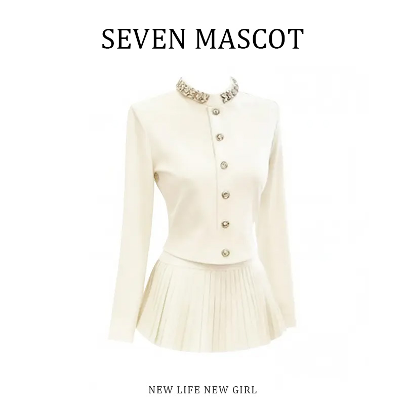 韩系穿搭设计感钻领正肩针织开衫长袖上衣秋季2025新款高腰半身裙