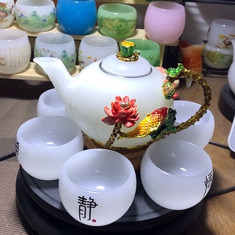 羊脂玉瓷琉璃中式珐琅彩年年有余一壶六杯礼盒套装