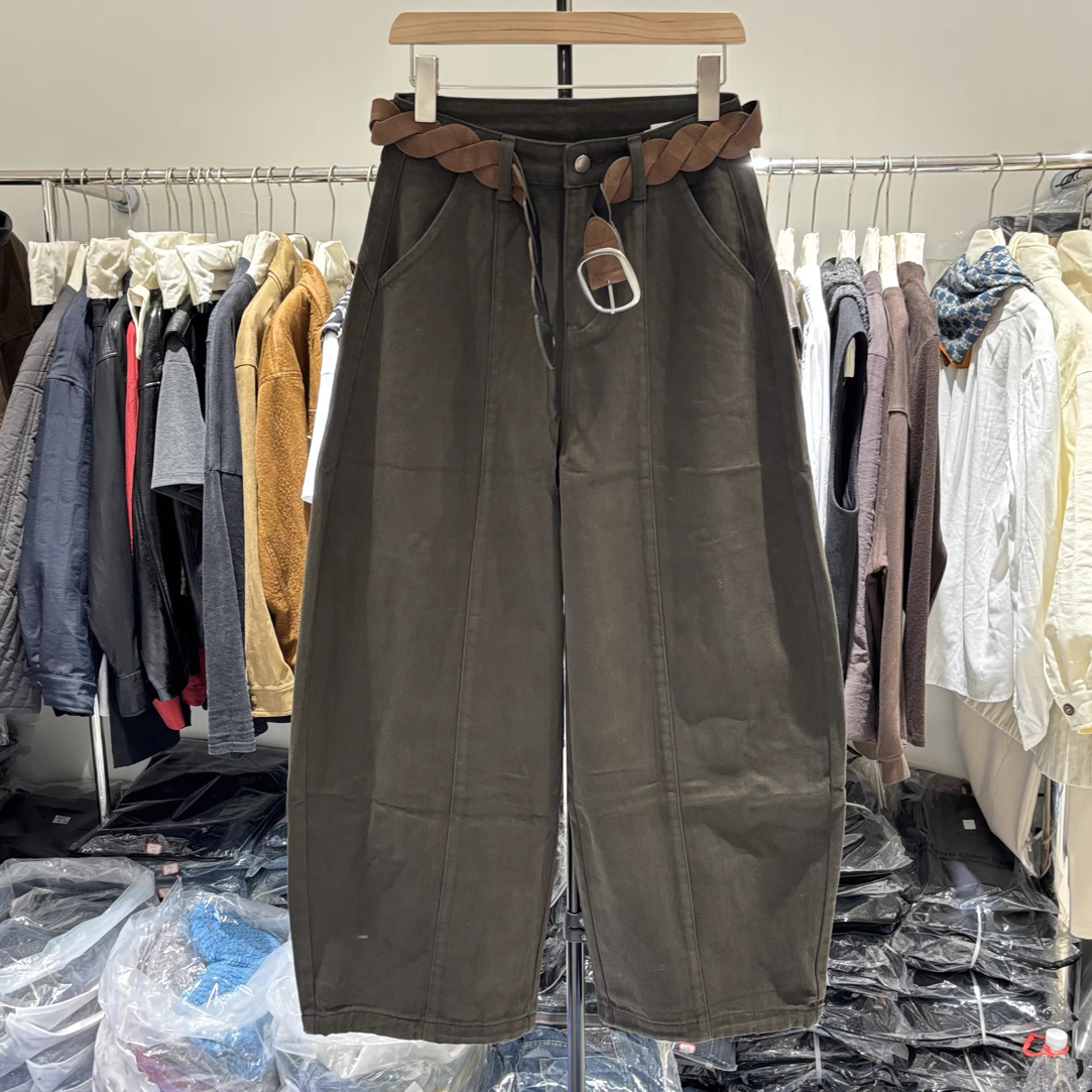 咖啡色时尚松紧腰加绒运动阔腿裤百搭宽松复古