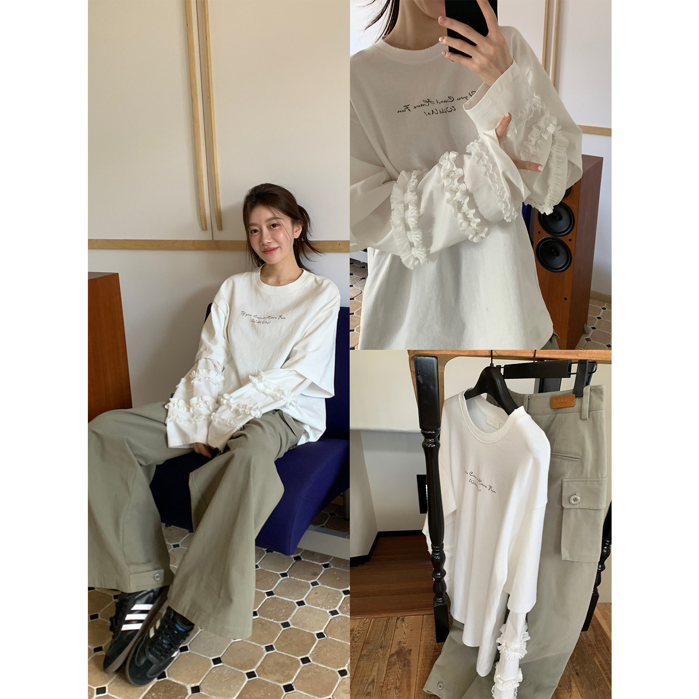 邹雪糕EROii【高克重卫衣T】早秋氛围Inspo圆领压褶袖子慵懒T恤