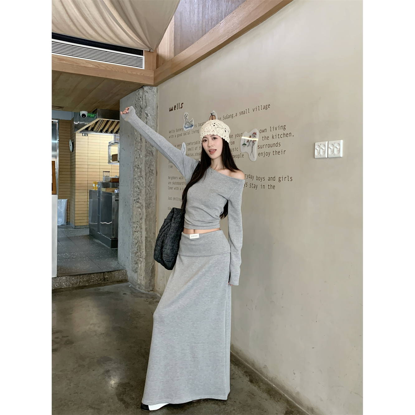 纯欲性感露肩长袖短款上衣辣妹标签高腰长款半身裙时尚两件套装