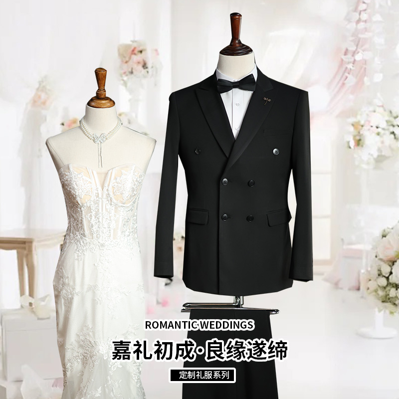 菲越黑色双排扣戗驳领西装羊毛套装新郎结婚西装三件套西服婚礼