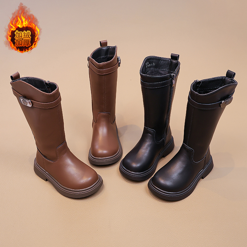 女童长筒靴2025秋冬款女童时尚长筒骑士靴女孩加绒烟筒靴黑侧拉链