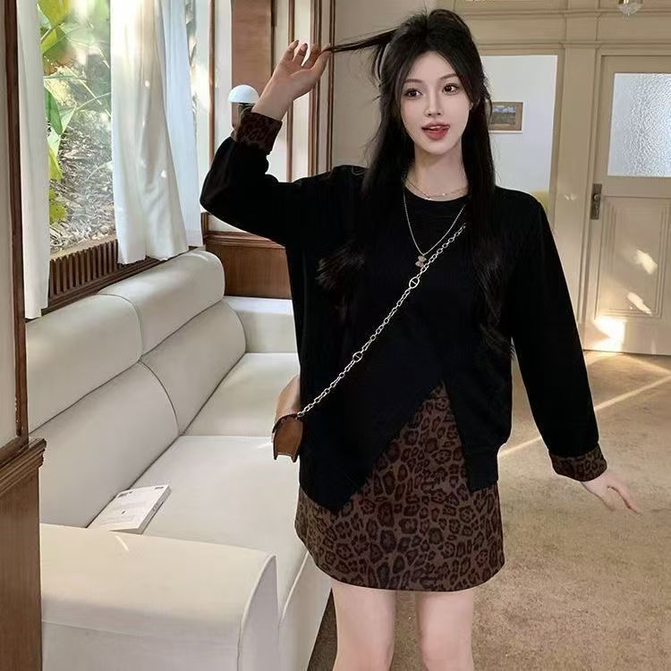 微胖MM春秋冬搭配一整套小香风卫衣连衣裙子遮肚藏肉显瘦两件套装