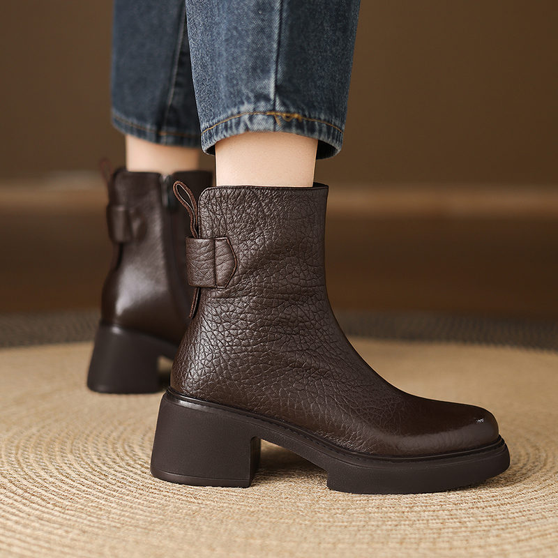 羊皮/跟高6cm/2025新款秋冬季真皮高跟短靴女厚底瘦瘦靴舒适单靴