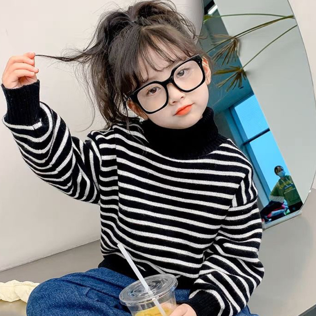 【朵妈专属】新款女童高领条纹加绒一体绒加厚毛衣儿童百搭洋气