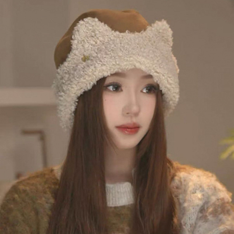 毛绒绒小熊耳朵护耳帽大头围毛绒帽秋冬显脸小保暖防寒可爱帽百搭