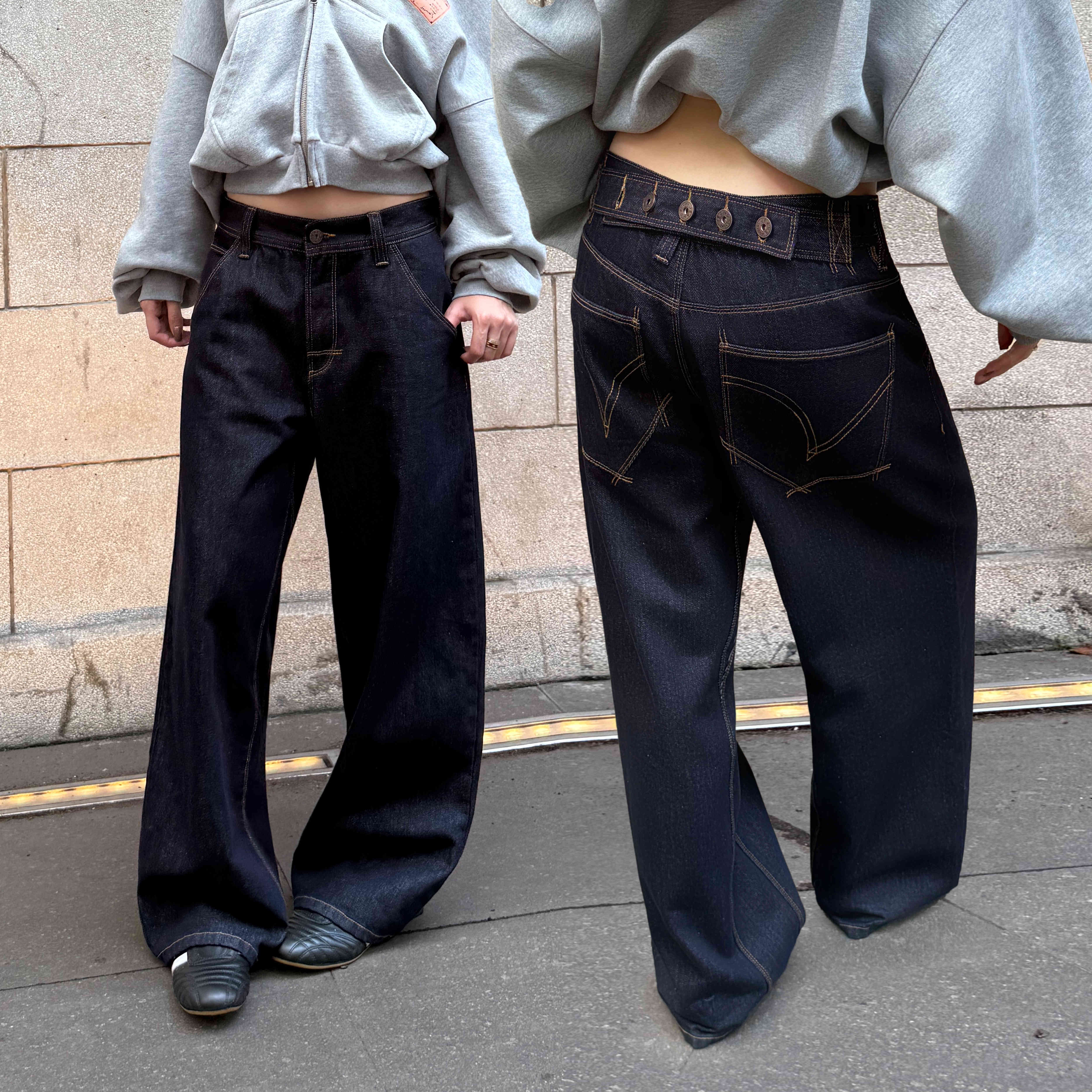 4612后腰调节阔腿牛仔裤女秋冬深蓝色复古宽松显瘦辣妹休闲长裤