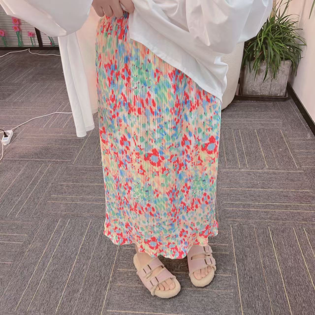 【纯熙+】31505夏季新款后开叉压褶彩色半身裙女韩版宽松百搭高弹