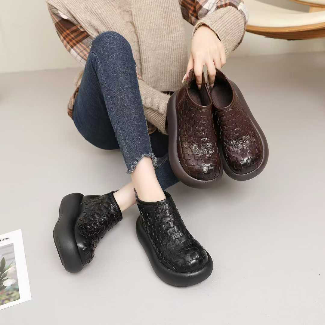 软底舒适短靴文艺复古加厚圆头手工编织休闲秋防滑加绒真皮