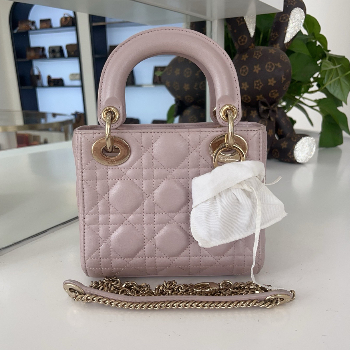 99新 DIOR/迪奥 珠光粉戴妃三格手提斜挎包