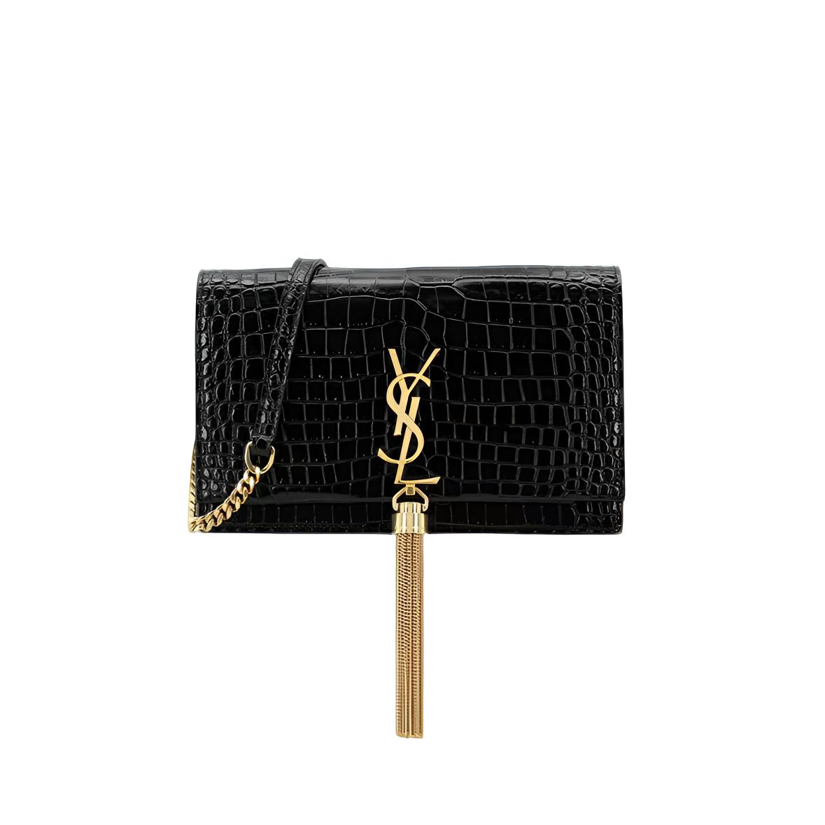 99新 YSL/圣罗兰 【达播专属】鳄压纹流苏kate黑金/黑银链条包