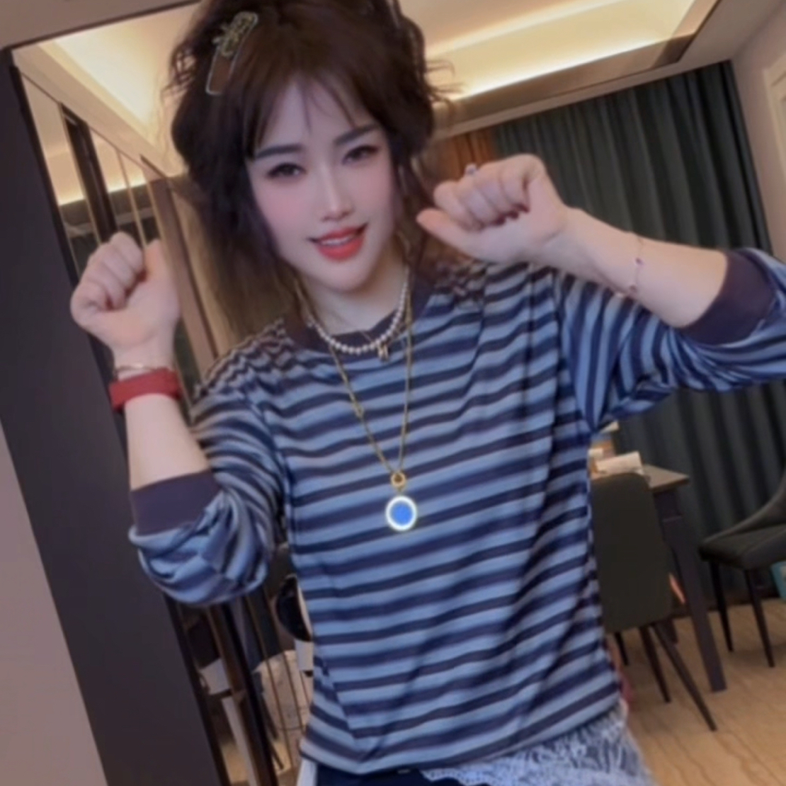 韩系条纹撞色长袖T恤女2025年春秋新款时尚百搭遮肉显瘦圆领上衣