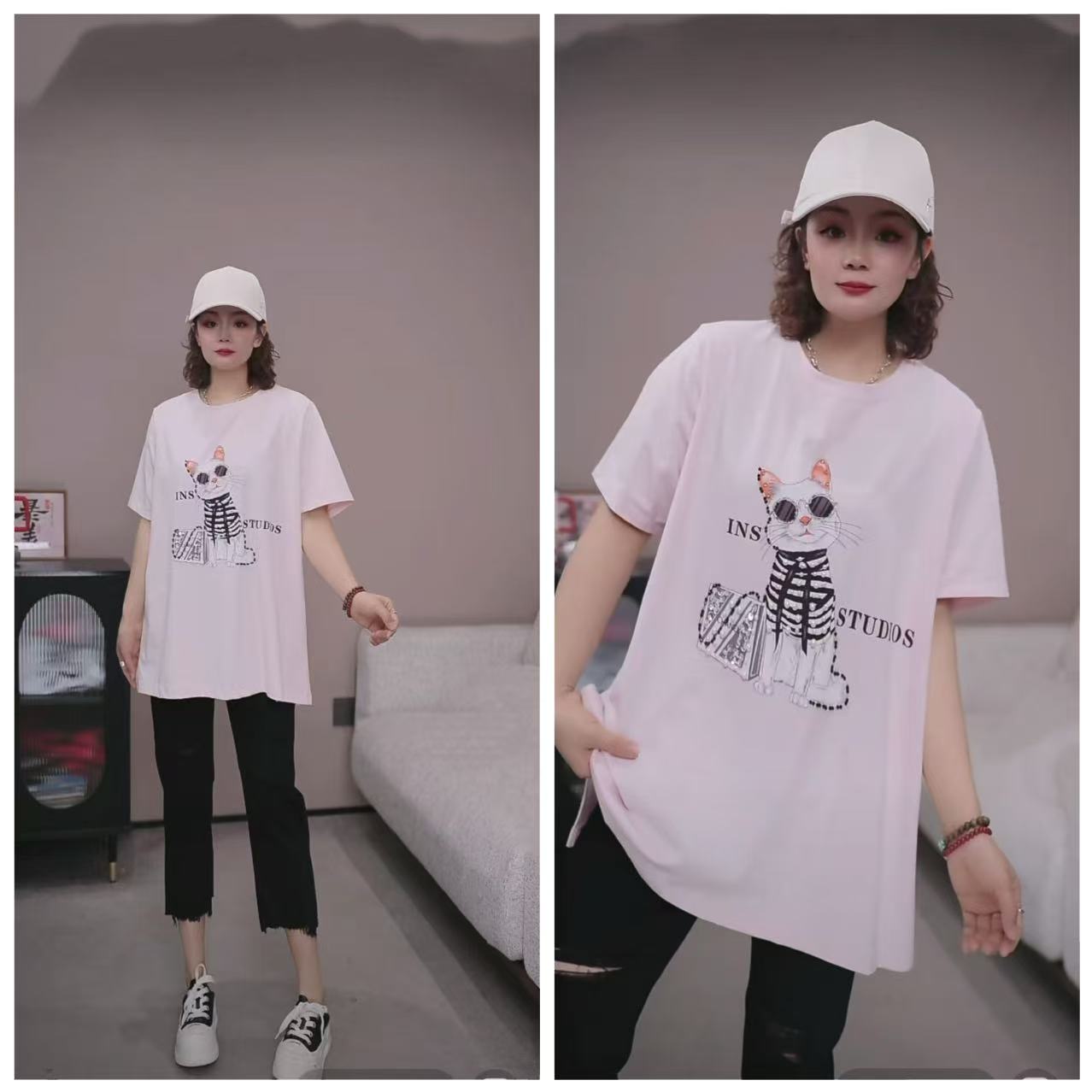 欧货【手工工艺猫猫短袖T恤】【粉】YYX 5217【No退换】瑕疵品