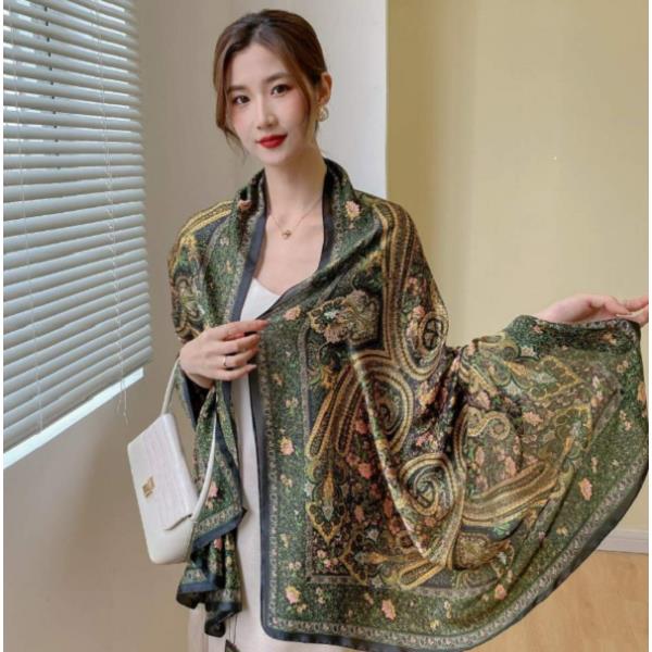 354[灿烂花海]丽景缎90x180左右丝巾长巾 伊甸园 绿腰果花