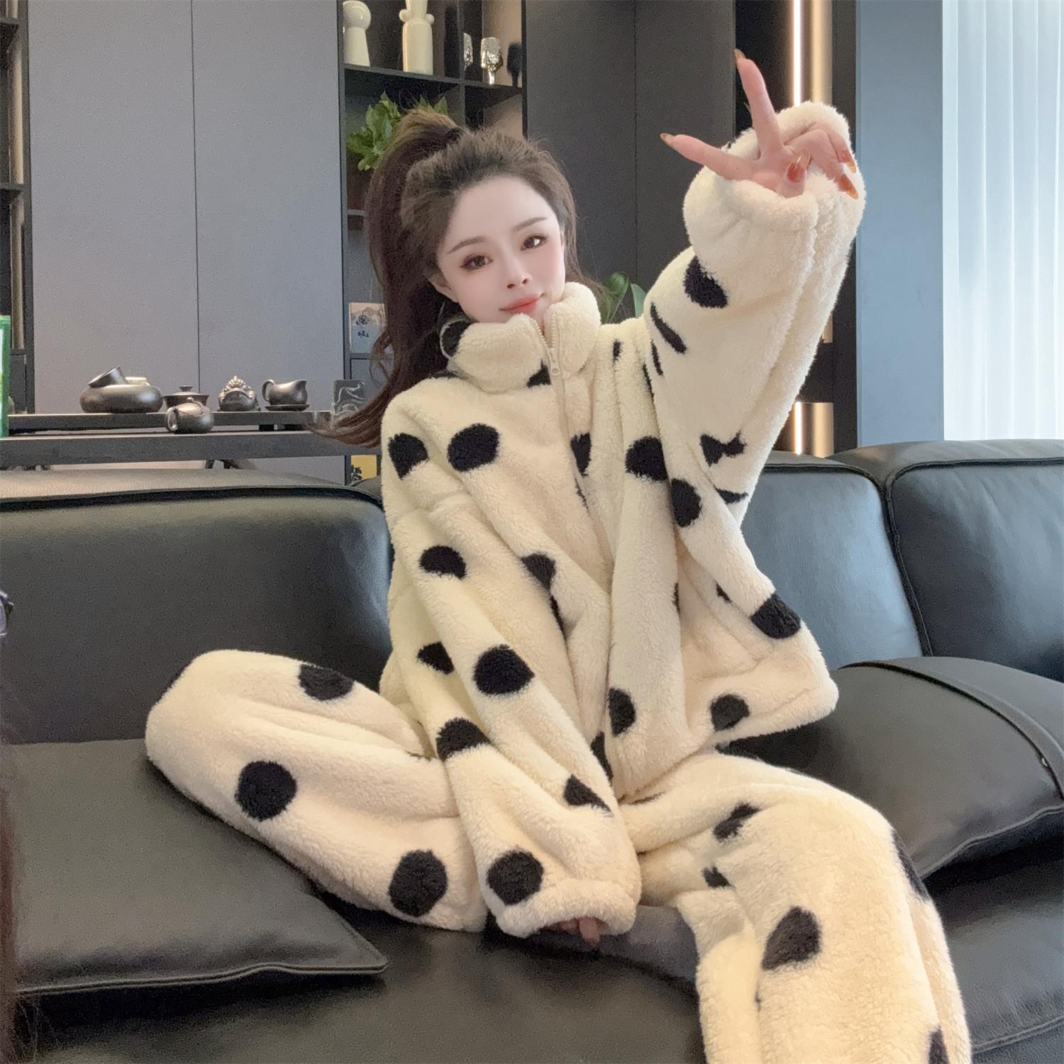 【波点家居服】法式珊瑚绒睡衣女冬季新款加厚保暖高领长袖长裤套装