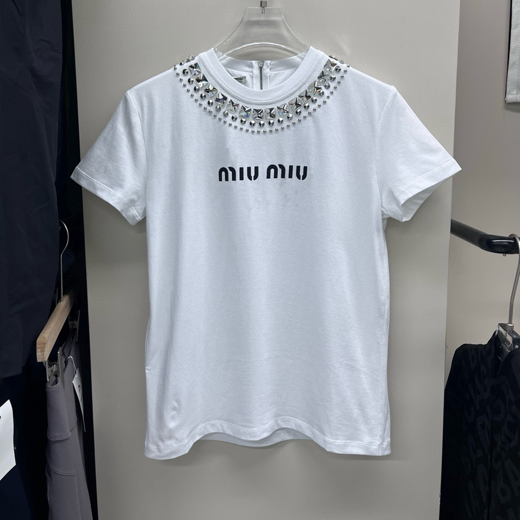 99新 MIU MIU/缪缪 水钻印花logo短袖女装xs码胸围48衣长63