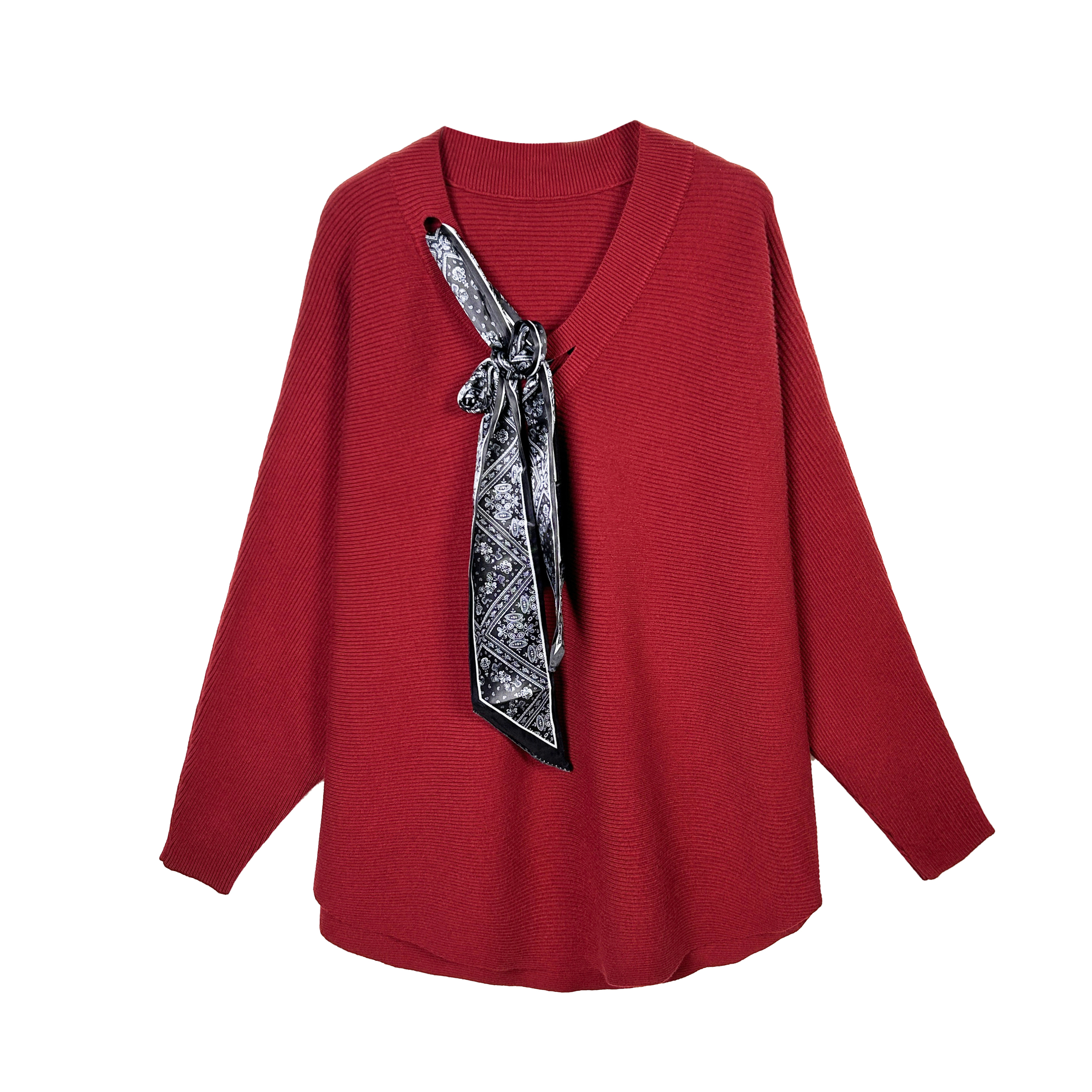 800【大牌女装】红色秋冬定制V领丝巾休闲百搭宽松上衣