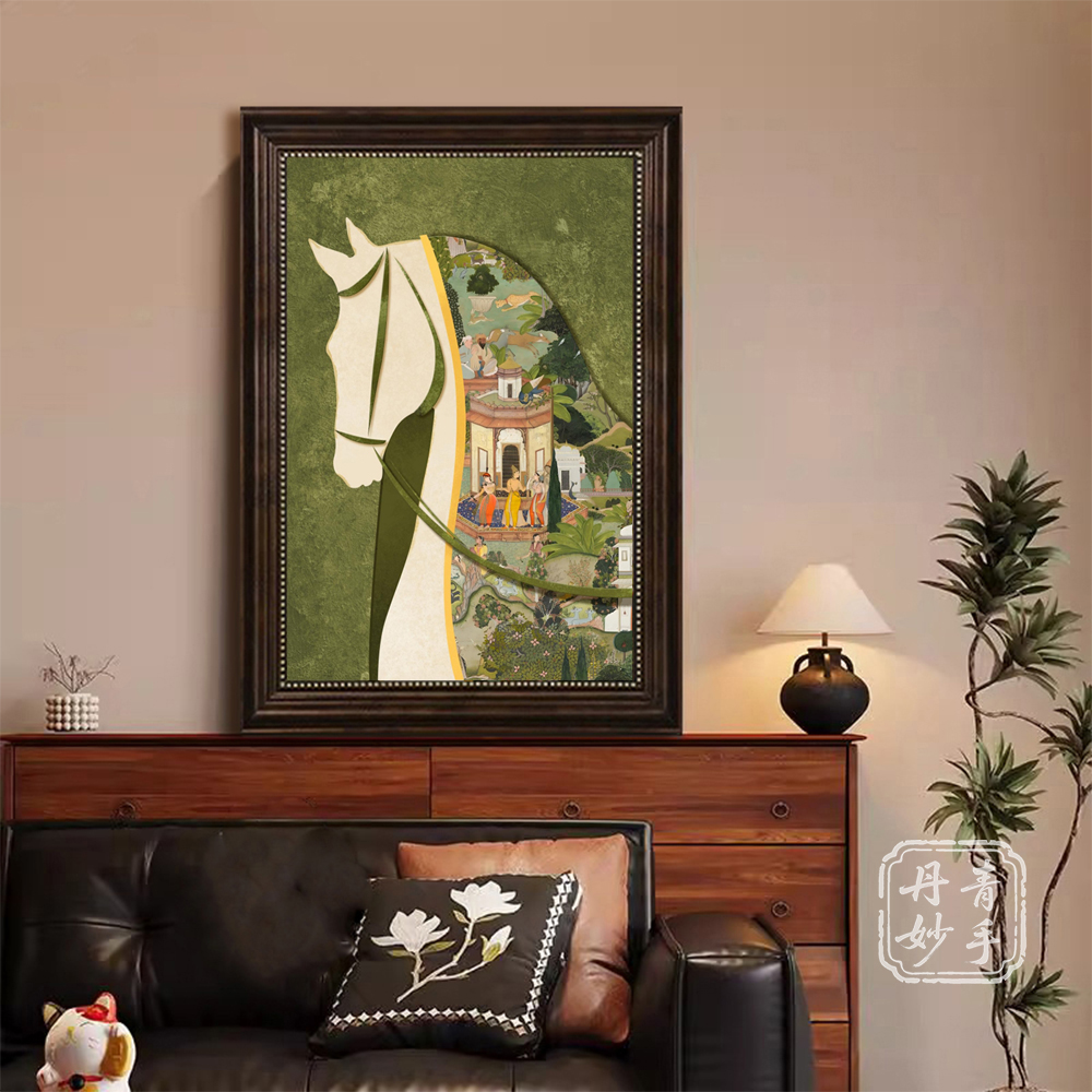  马到成功复古客厅装饰画中古风好寓意沙发墙挂画复古玄关壁画