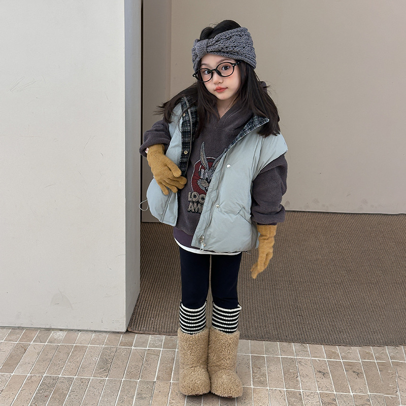 【两面穿】女童冬季保暖空变棉感坎肩儿童立领格子棉马甲25H039