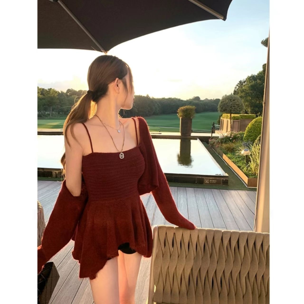 曼曼【初代韩女】针织外搭开衫长袖外套女+吊带针织短裙