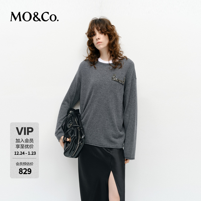 MOCO毛衣2025春新品绵羊毛山羊绒粗纺全手工络花钻饰MBE1SWT034