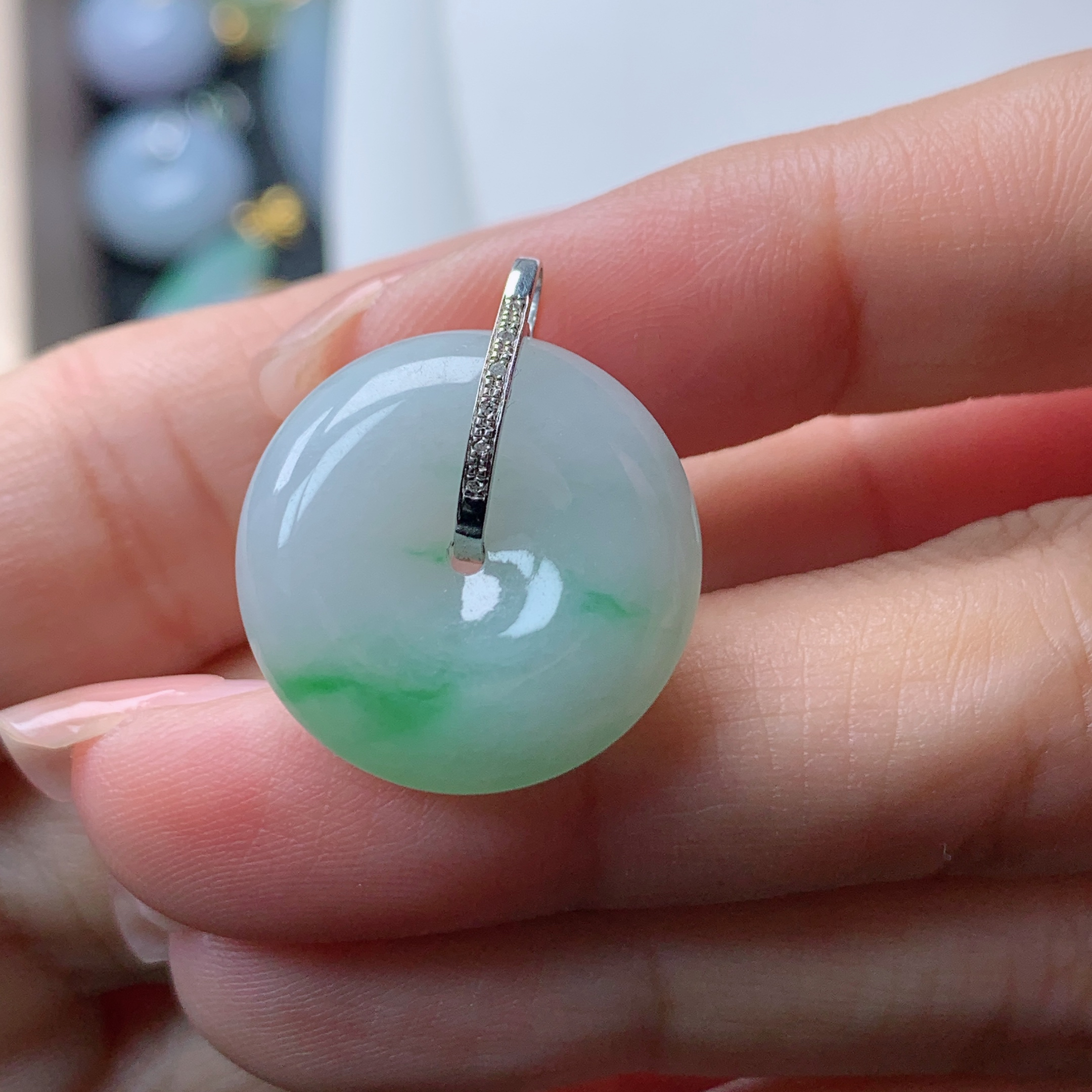 缅甸天然翡翠a货18k金平安扣吊坠20×6.2