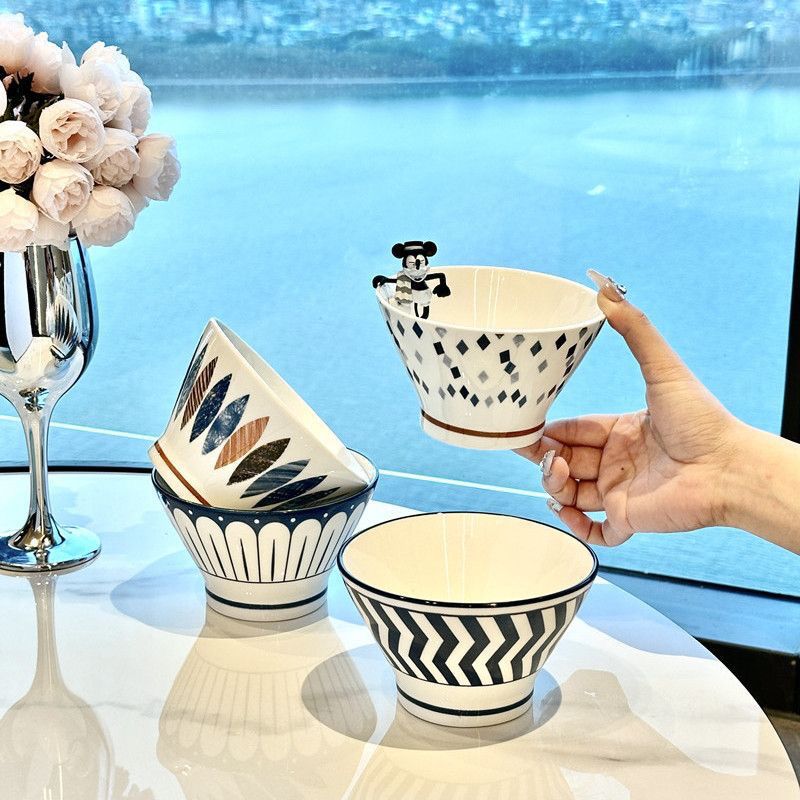 【4个】日式高脚碗5英寸斗笠碗釉彩陶瓷餐具可爱米饭碗防烫沙拉碗LW