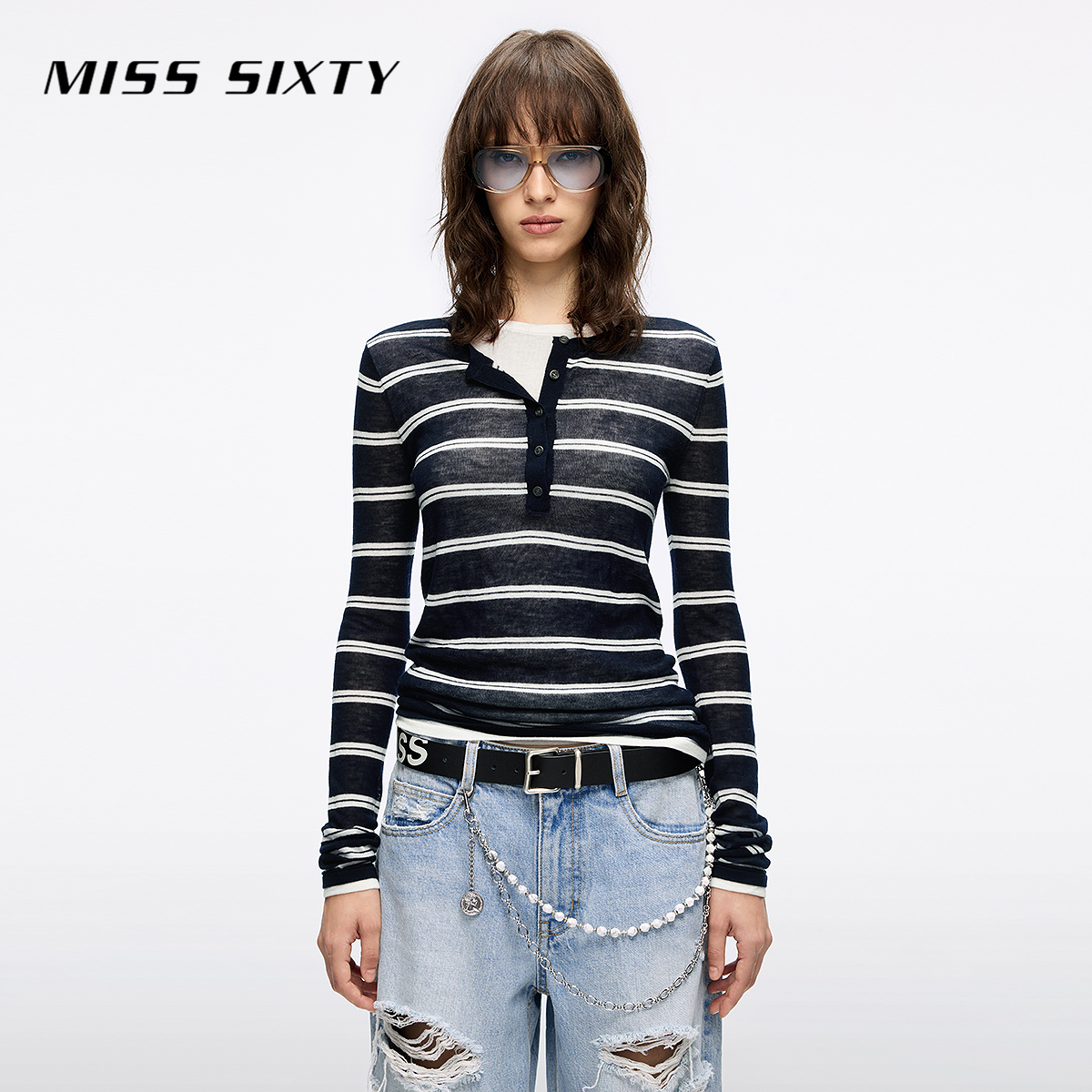Miss Sixty2025秋季新款针织衫女亨利领羊毛假两件叠穿薄款上衣