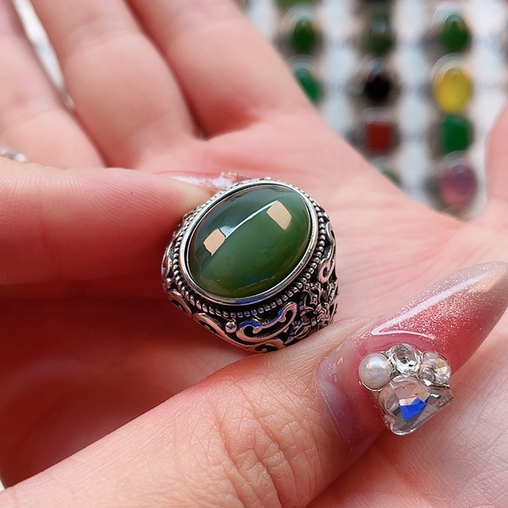 和田玉戒指银S925镶嵌狼