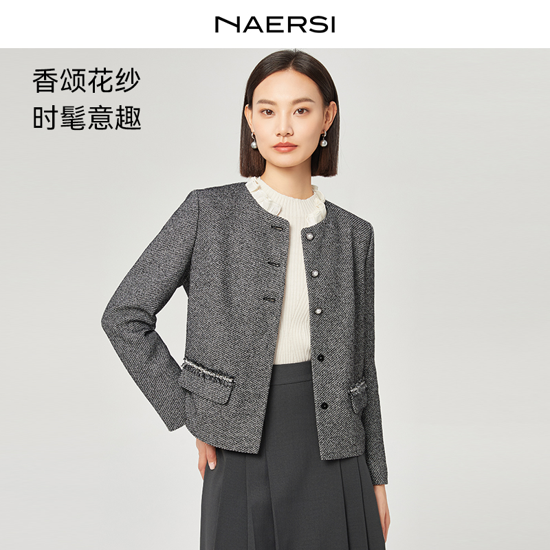 【岚岚专属】小香格雷系气质灰木耳边撞色圆领气质外套NB00362X3