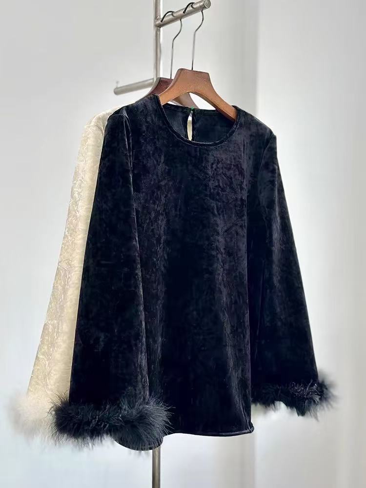 高级感新中式丝绒打底衫秋冬圆领国风加绒真鸵鸟毛上衣厚内搭9028