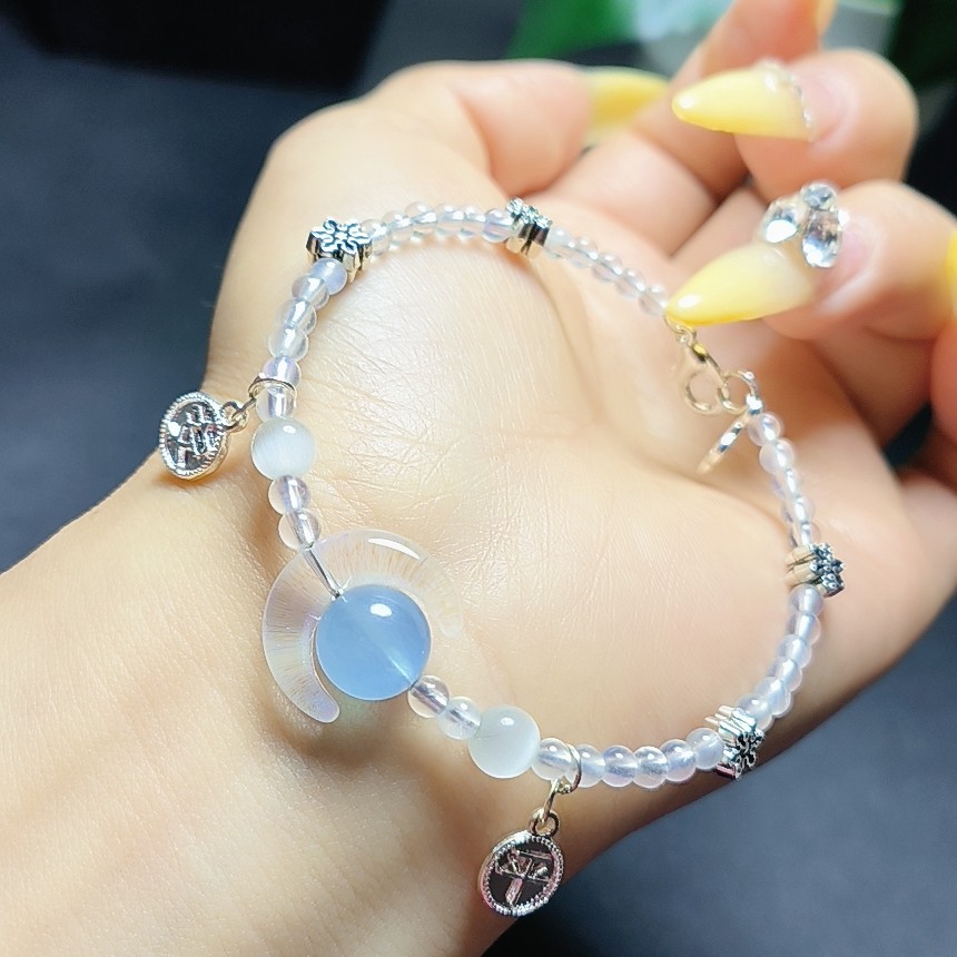 拉长石白月光纯手工DIY搭配天空蓝海蓝宝手链