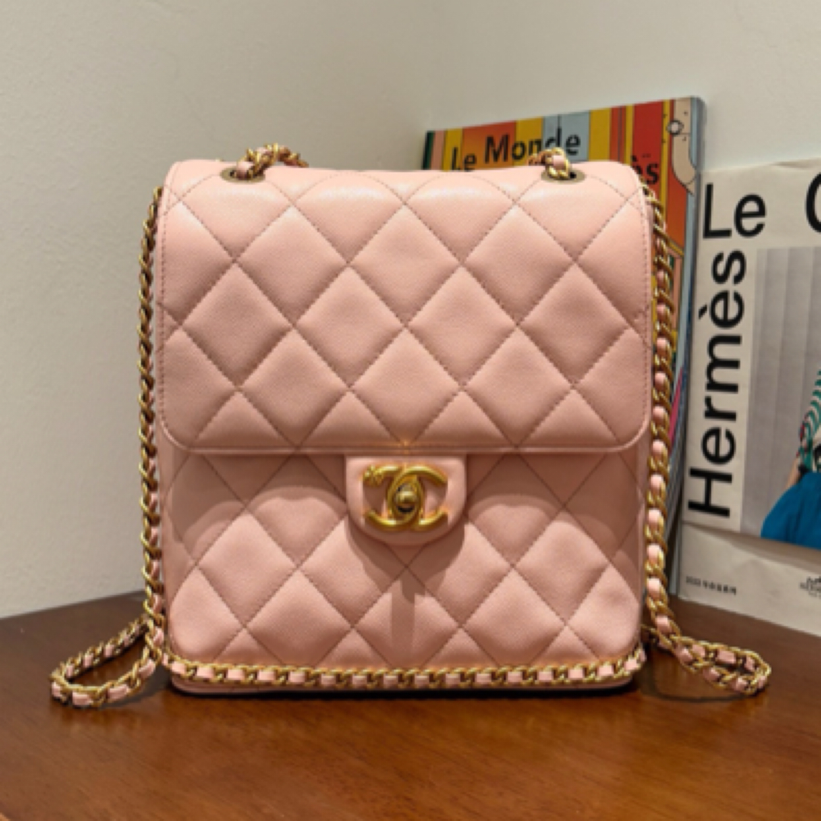 99新 Chanel/香奈儿 23K樱花粉金扣荔枝纹ado双肩包