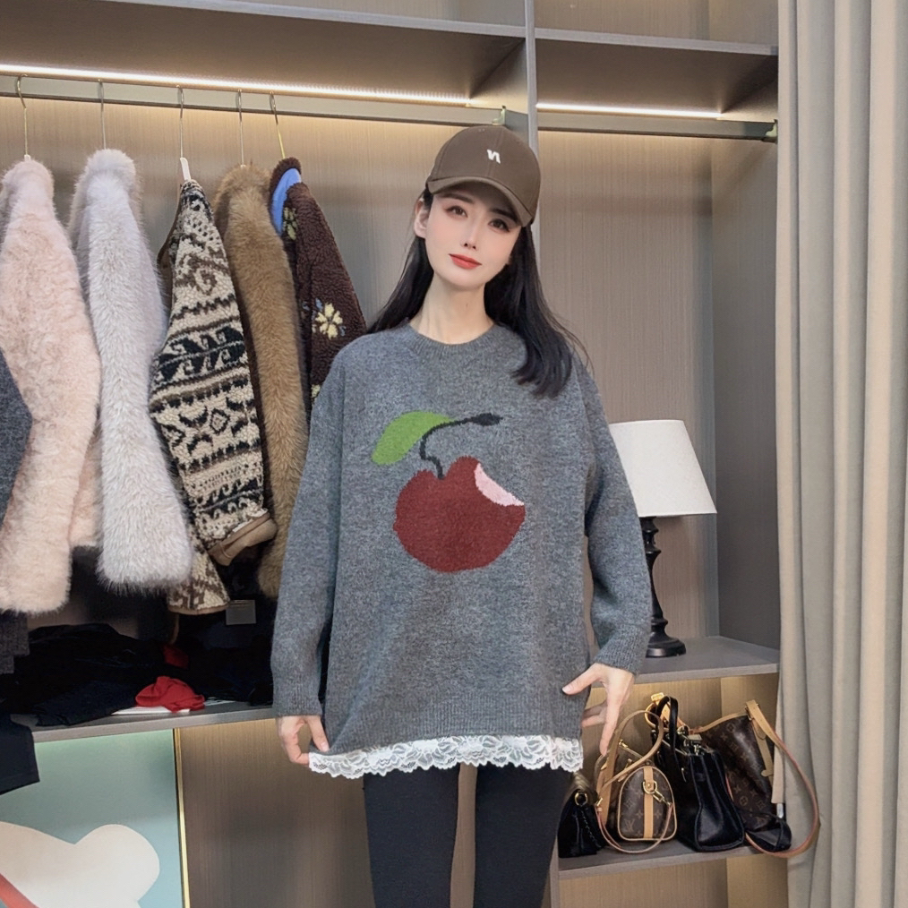 圆领针织卡通苹果风宽松百搭针织衫上衣冬