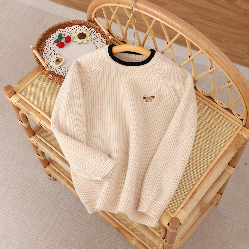 新款加厚手工刺绣圆领儿童羊毛衫男女童毛衣中大童打底衫秋冬宝宝