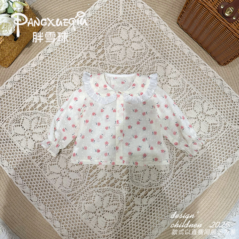 韩版洋气女童长袖衬衫宝宝娃娃领上衣春秋季时尚休闲打底衬衣