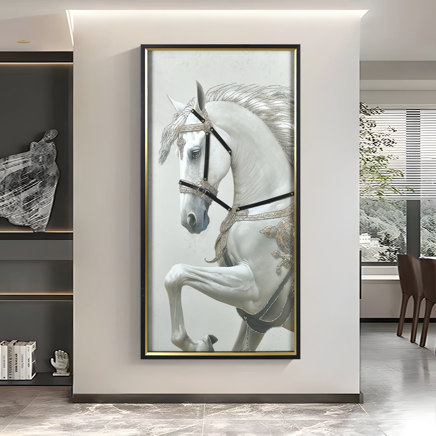 黑白灰手工镶钻实物立体装饰画现代客厅玄关挂画骏sw022马80160