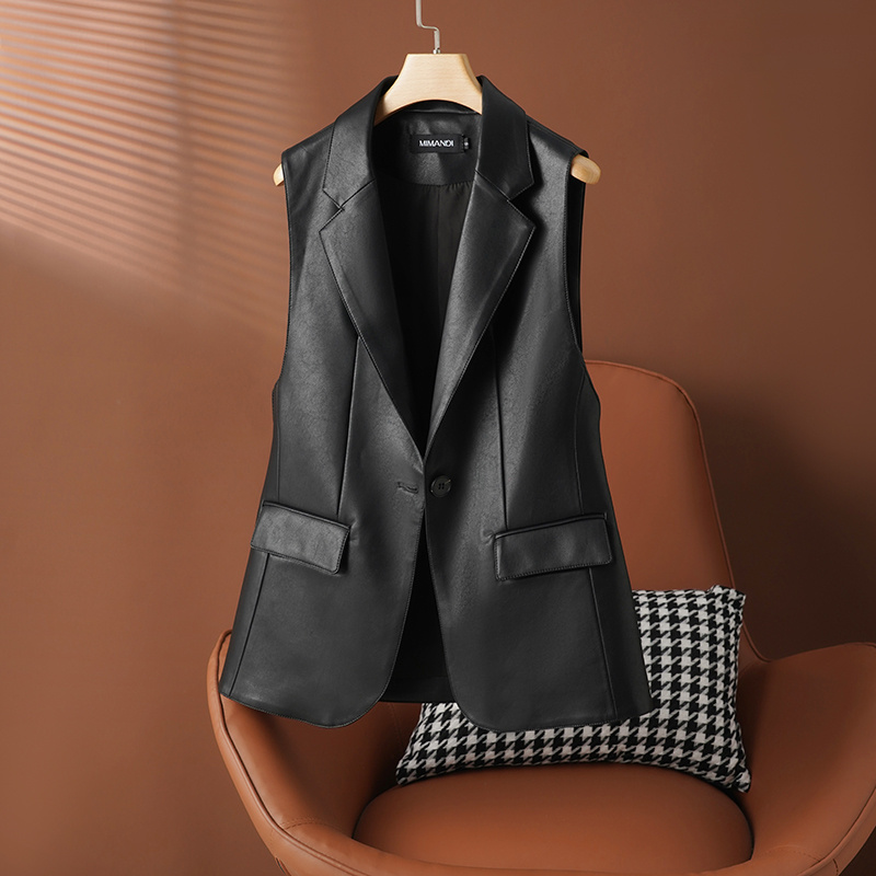 【YOYO】皮马甲女外搭时尚西装领无袖皮坎肩绵羊皮真皮背心马夹2025