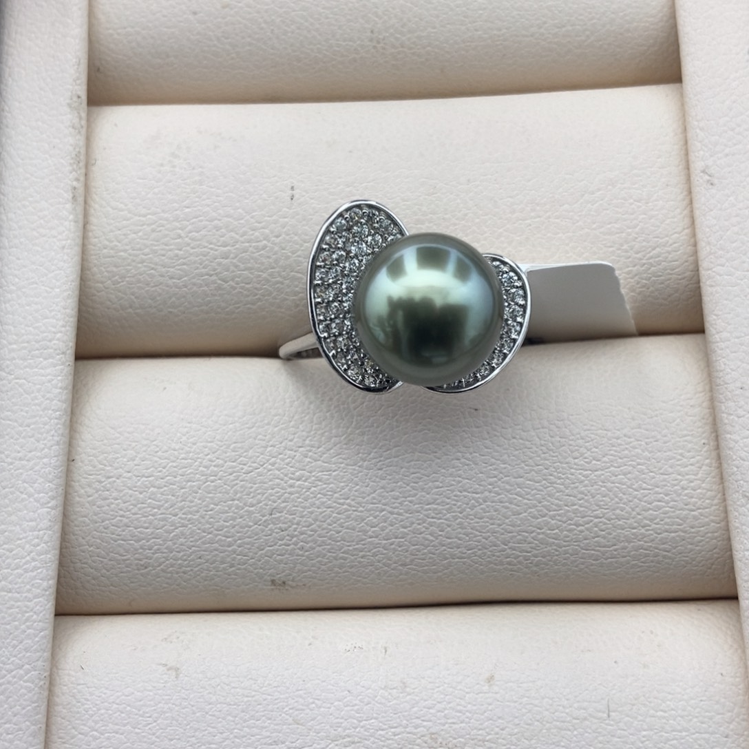 海水珍珠戒指银S925镶嵌11.2mm 苹果绿戒指