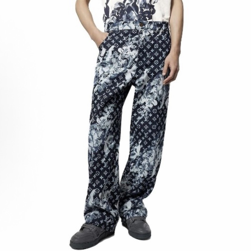 未使用 LouisVuitton/路易威登 4629/蓝色图案满印牛仔裤/33码