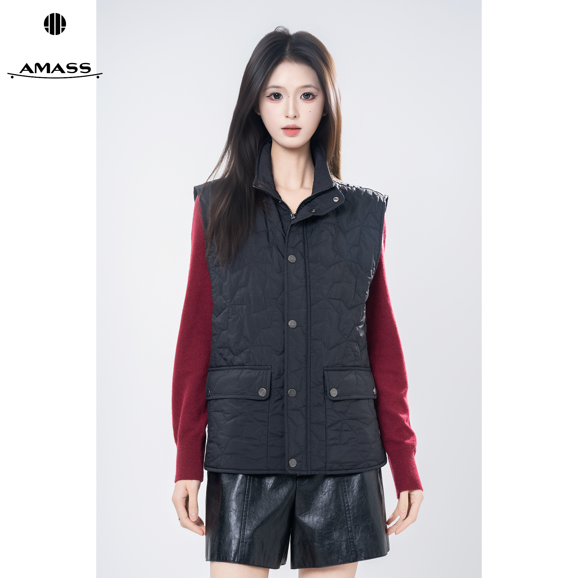 AMASS/阿玛施早秋新款时尚休闲工装风立领百搭黑色保暖马夹540071