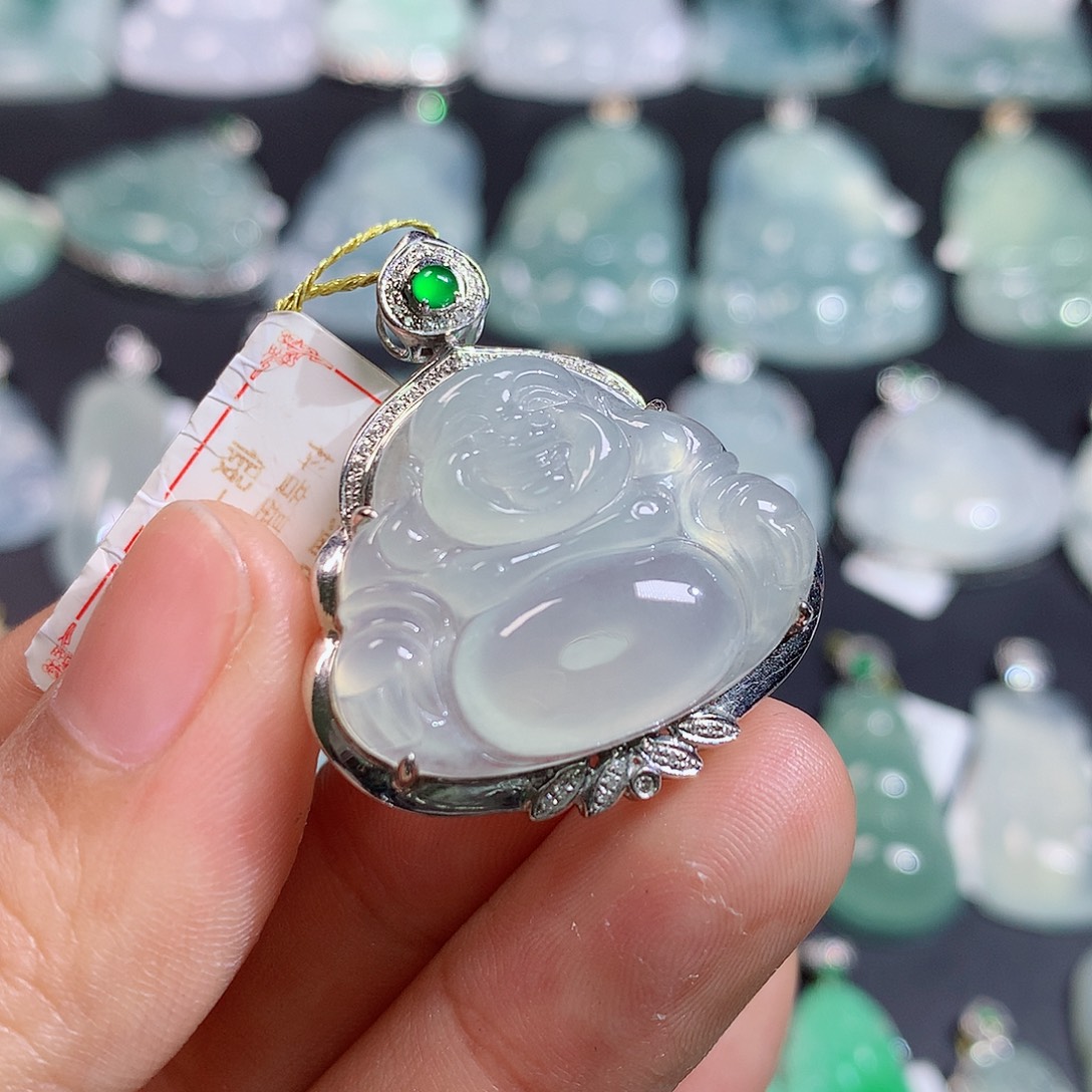 翡翠18K金镶嵌颈饰天然缅甸a货翡翠弥勒佛