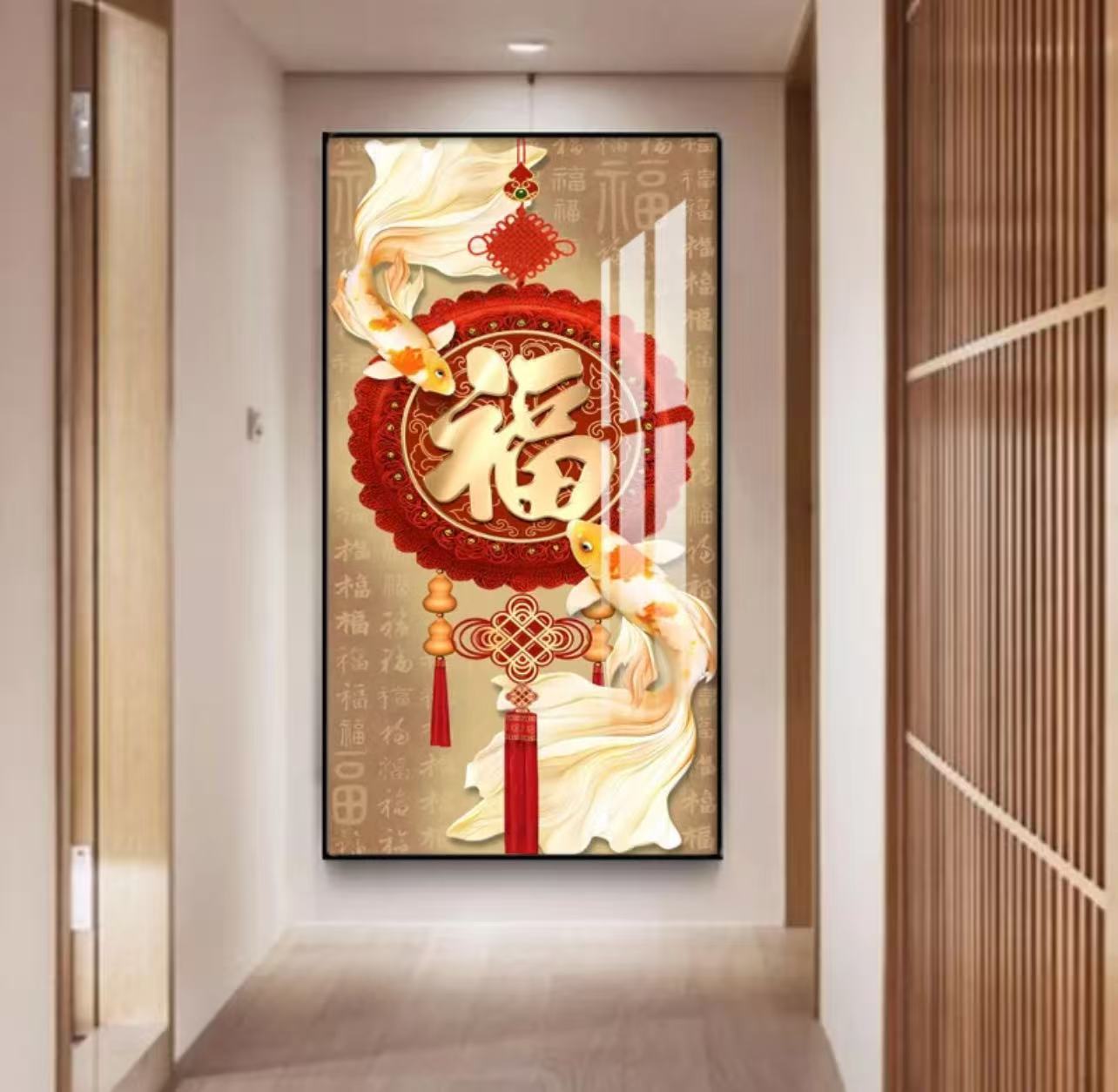轻奢晶双鱼送福玄关走廊装饰画