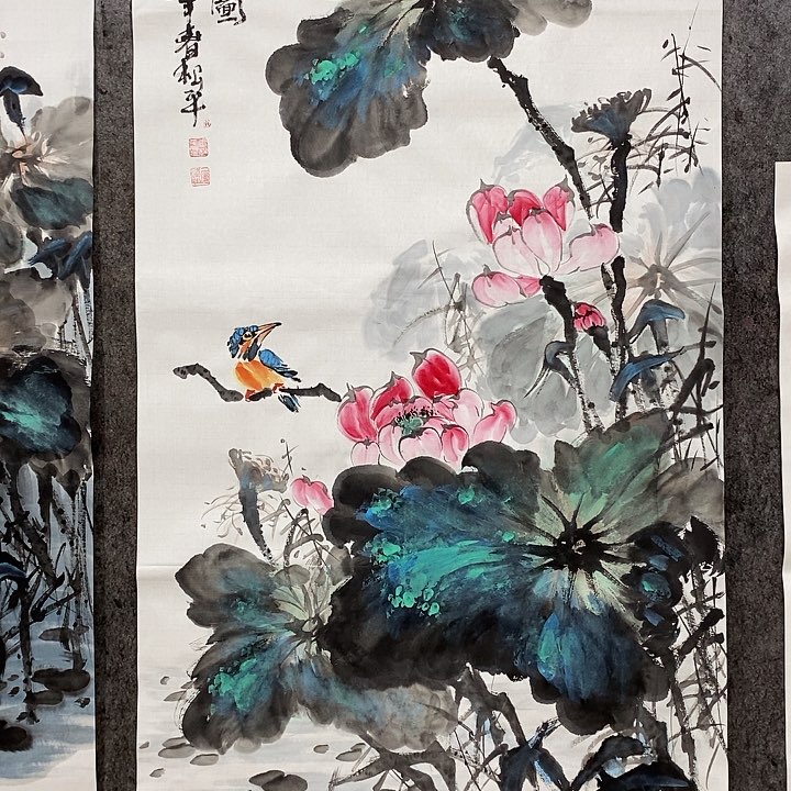 国画骏*爸手绘国画荷花翠鸟图