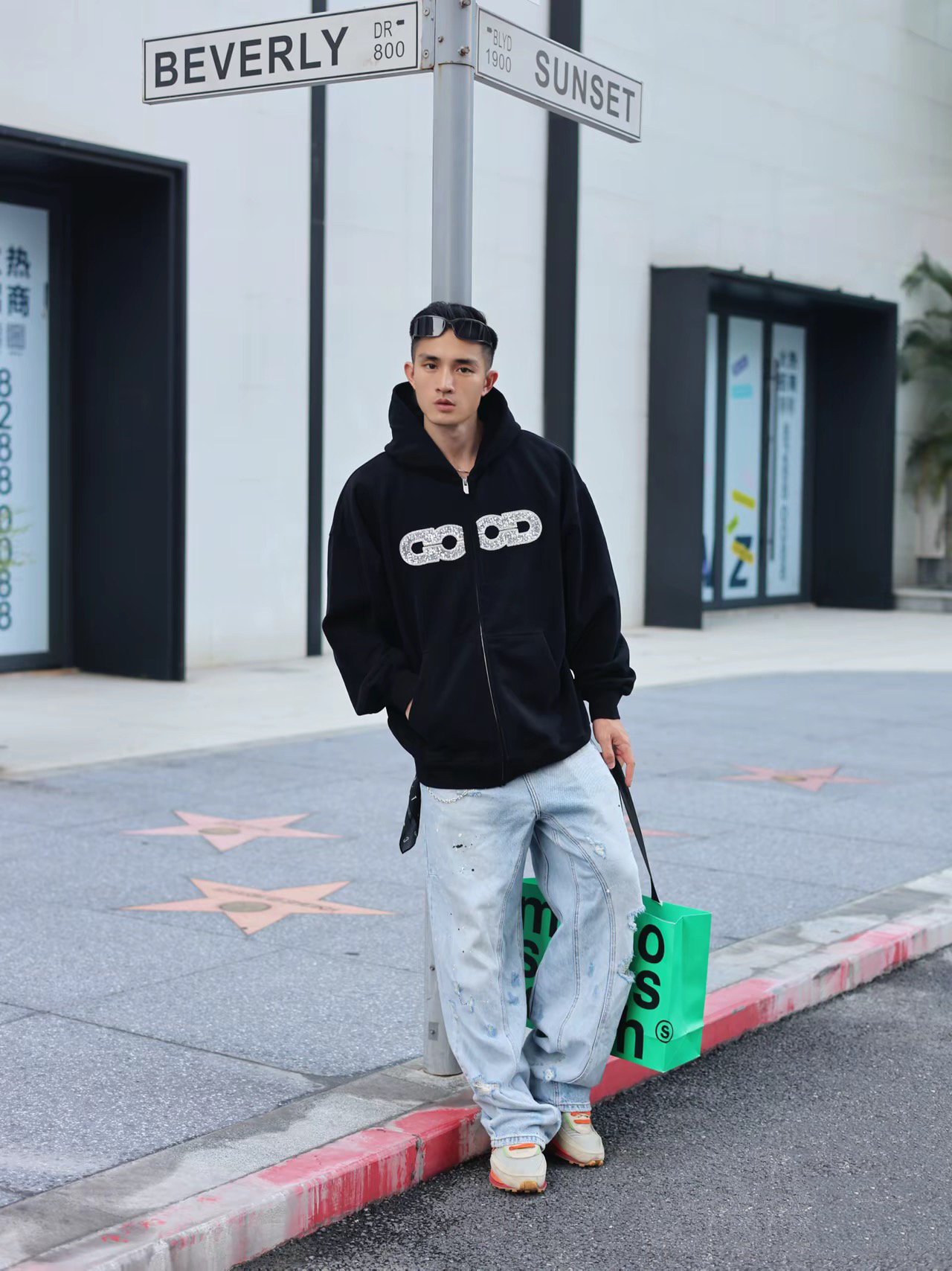 陈哲远同款2025ssG0D地图亮片绣基础LOGO卫衣拉链外套男女同款