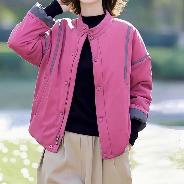 长袖立领保暖加绒常规款拼接宽松棉服韩版加厚外套百搭洋气女士