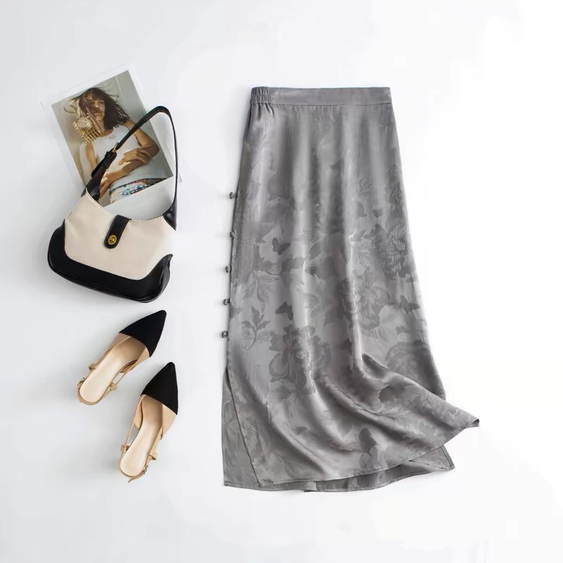 100%桑蚕丝气质提花优雅（重锻开叉牡丹花包裙）