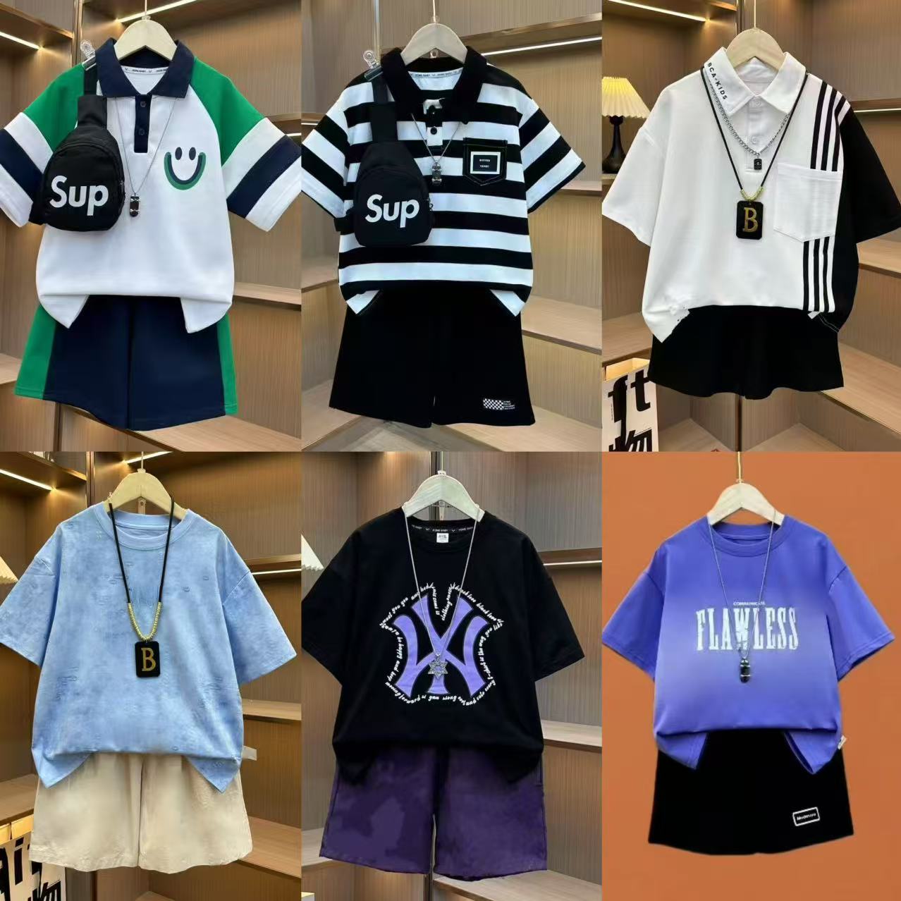 KK新609【6套12件】男女童夏款短袖POLO大童亲子不会热【不含包】